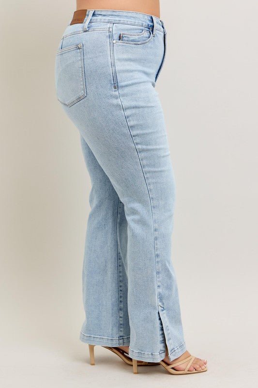 Sky High Rise Tummy Control Vintage Wash Side Slit Slim Boot Jeans - Driftwood Boutique