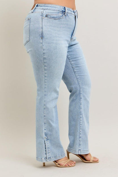 Sky High Rise Tummy Control Vintage Wash Side Slit Slim Boot Jeans - Driftwood Boutique