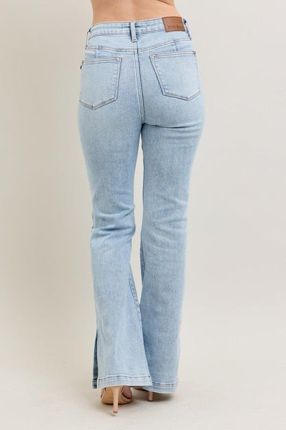Sky High Rise Tummy Control Vintage Wash Side Slit Slim Boot Jeans - Driftwood Boutique
