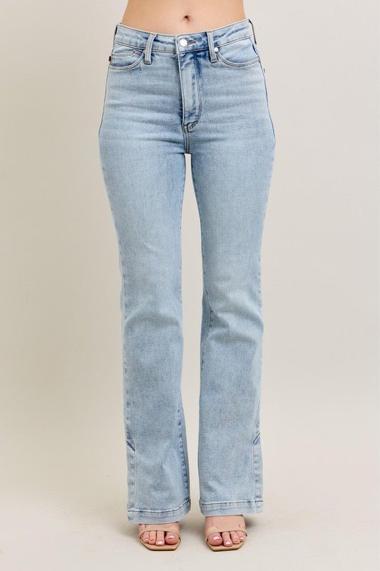 Sky High Rise Tummy Control Vintage Wash Side Slit Slim Boot Jeans - Driftwood Boutique