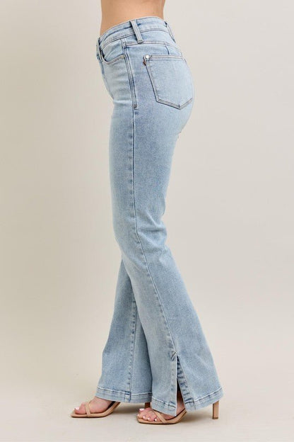 Sky High Rise Tummy Control Vintage Wash Side Slit Slim Boot Jeans - Driftwood Boutique