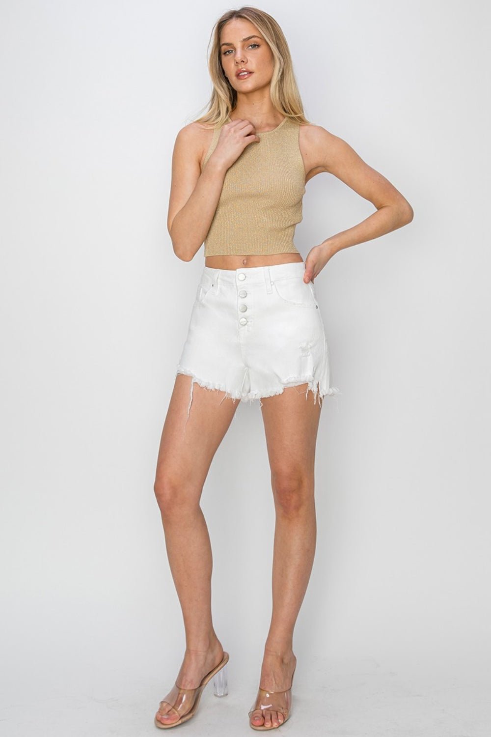 Sunny High Rise Button Fly Frayed Hem Denim Shorts - Driftwood Boutique