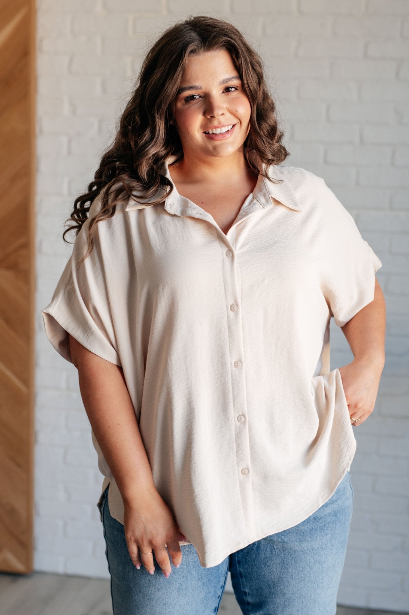 Sweet Simplicity Button Down Blouse in Oatmeal - Driftwood Boutique