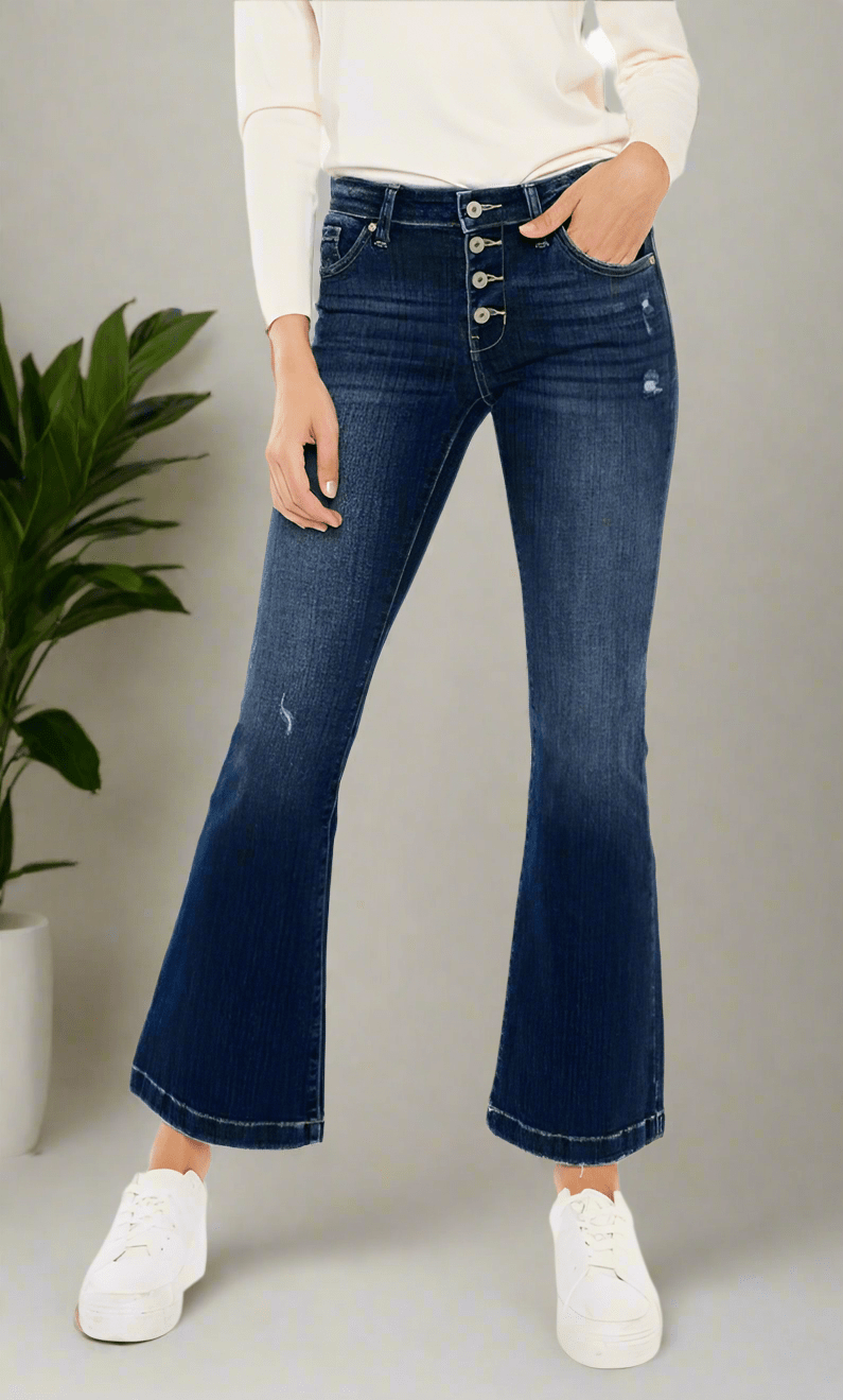 Sydney Mid Rise Button Fly Flare Jeans - Petite - Driftwood Boutique