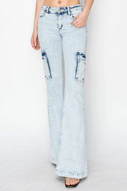 Tabbi Mid Rise Acid Wash Cargo Flare Jeans - Driftwood Boutique