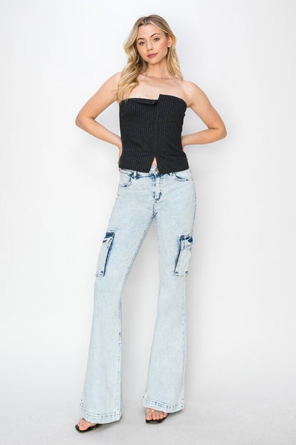 Tabbi Mid Rise Acid Wash Cargo Flare Jeans - Driftwood Boutique