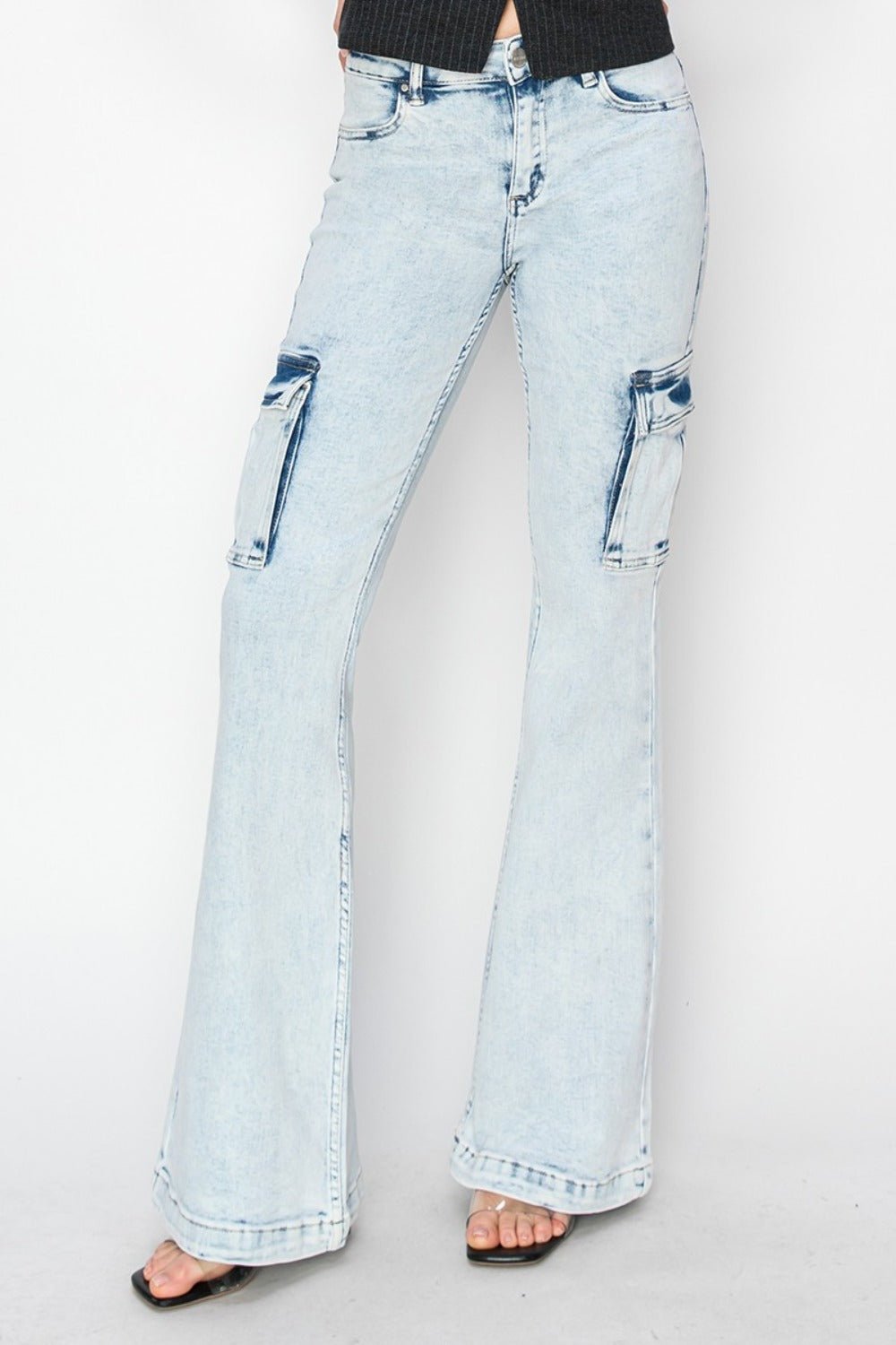 Tabbi Mid Rise Acid Wash Cargo Flare Jeans - Driftwood Boutique