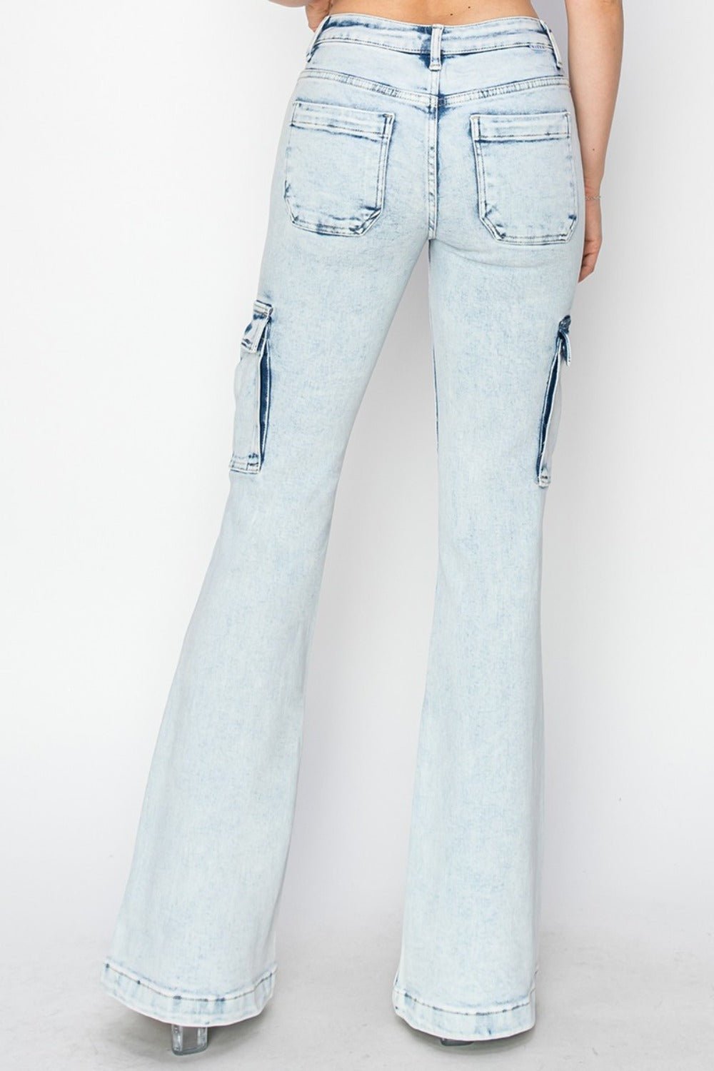 Tabbi Mid Rise Acid Wash Cargo Flare Jeans - Driftwood Boutique