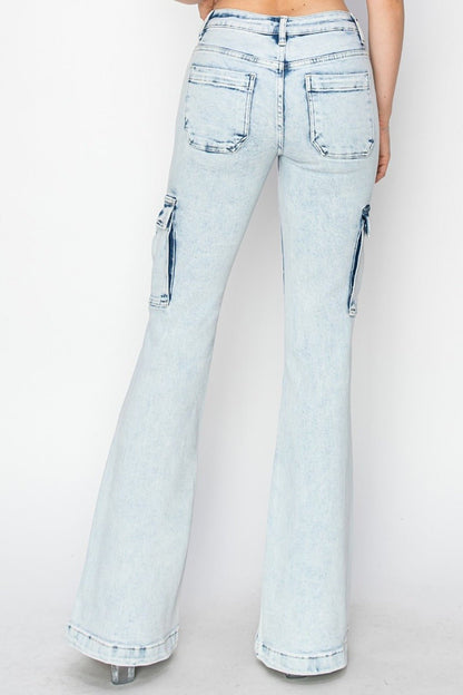 Tabbi Mid Rise Acid Wash Cargo Flare Jeans - Driftwood Boutique
