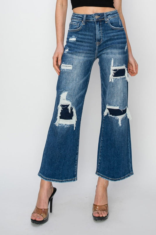 Tasha High Rise Patch Detailed Wide Leg Crop Jeans - Driftwood Boutique