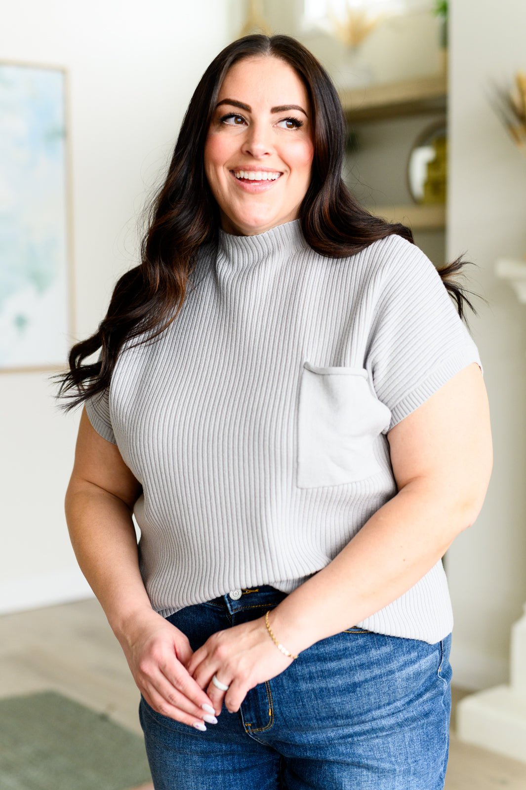 This Little Life Mock Neck Short Sleeve Sweater in Grey - Driftwood Boutique