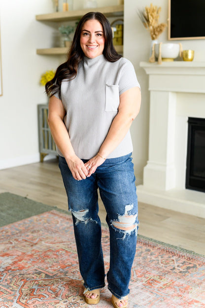 This Little Life Mock Neck Short Sleeve Sweater in Grey - Driftwood Boutique