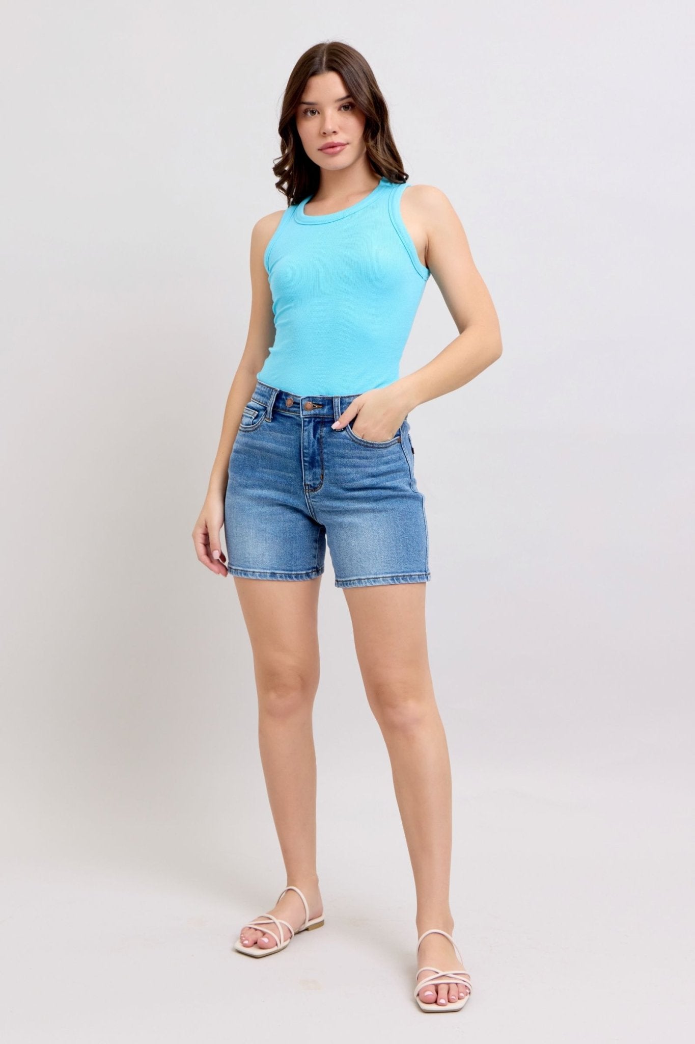 Vanessa High Rise Adjustable Button Denim Shorts - Driftwood Boutique