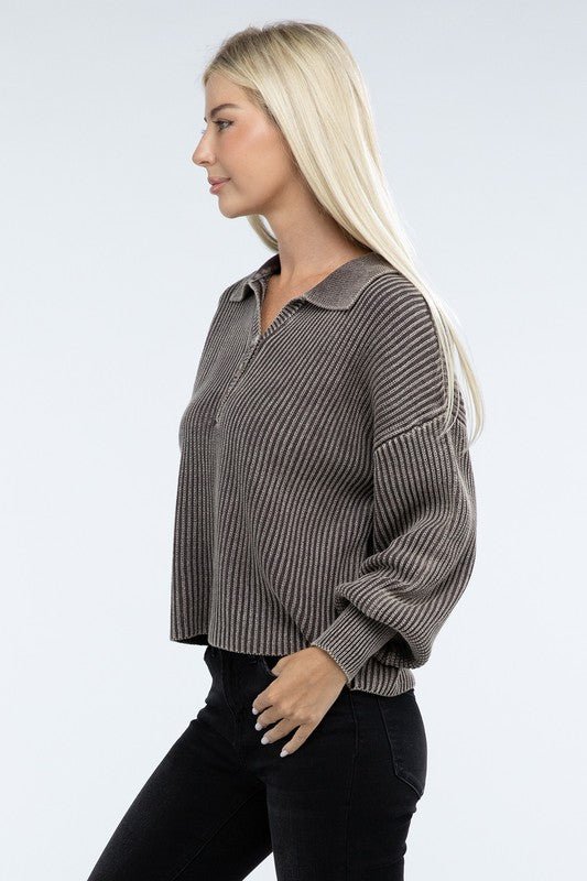 Washed Collared Henley Sweater - Driftwood Boutique
