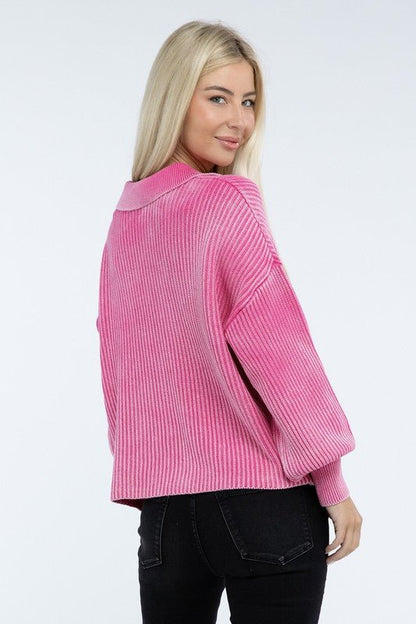Washed Collared Henley Sweater - Driftwood Boutique