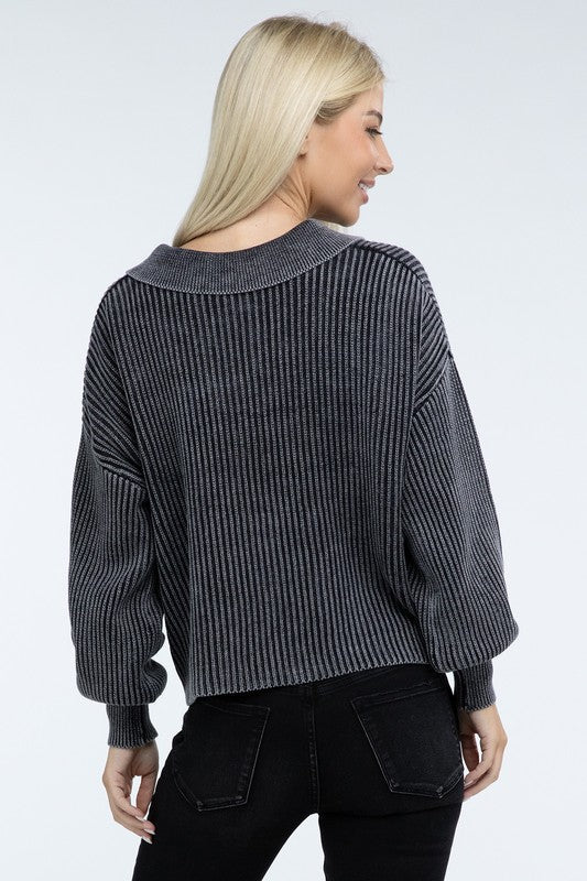 Washed Collared Henley Sweater - Driftwood Boutique