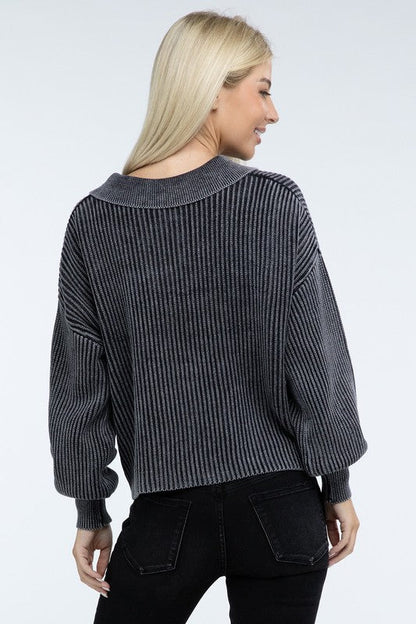 Washed Collared Henley Sweater - Driftwood Boutique