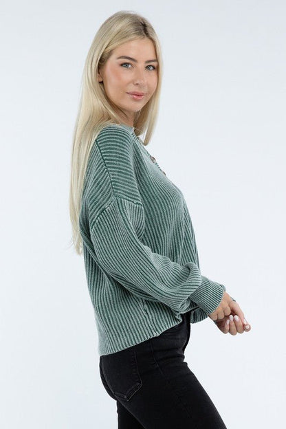 Washed Collared Henley Sweater - Driftwood Boutique