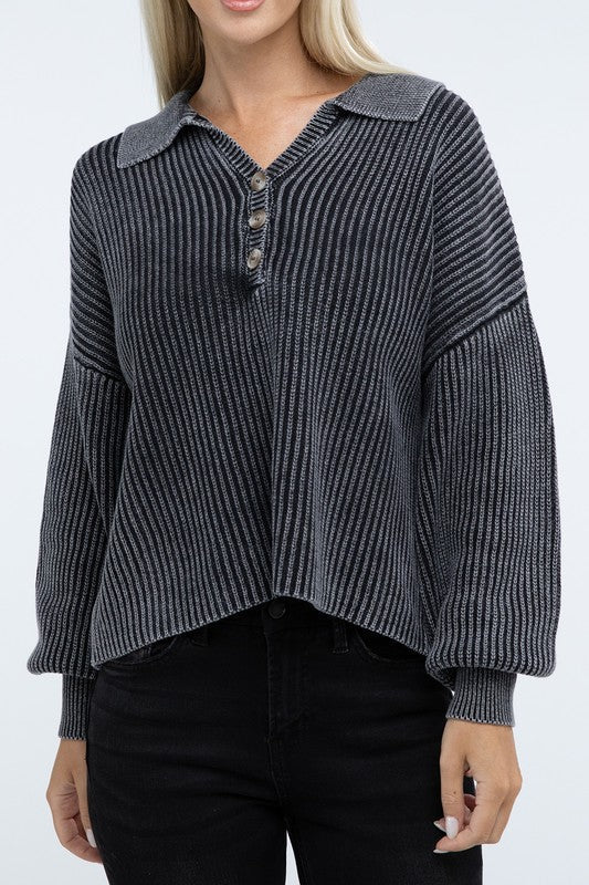 Washed Collared Henley Sweater - Driftwood Boutique