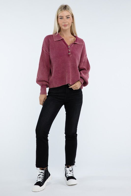 Washed Collared Henley Sweater - Driftwood Boutique