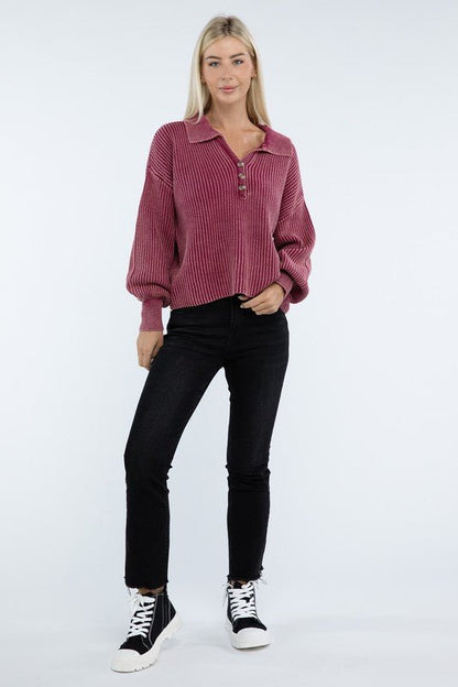 Washed Collared Henley Sweater - Driftwood Boutique