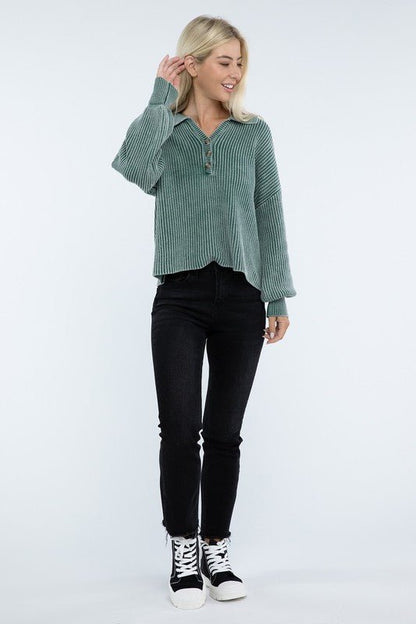 Washed Collared Henley Sweater - Driftwood Boutique