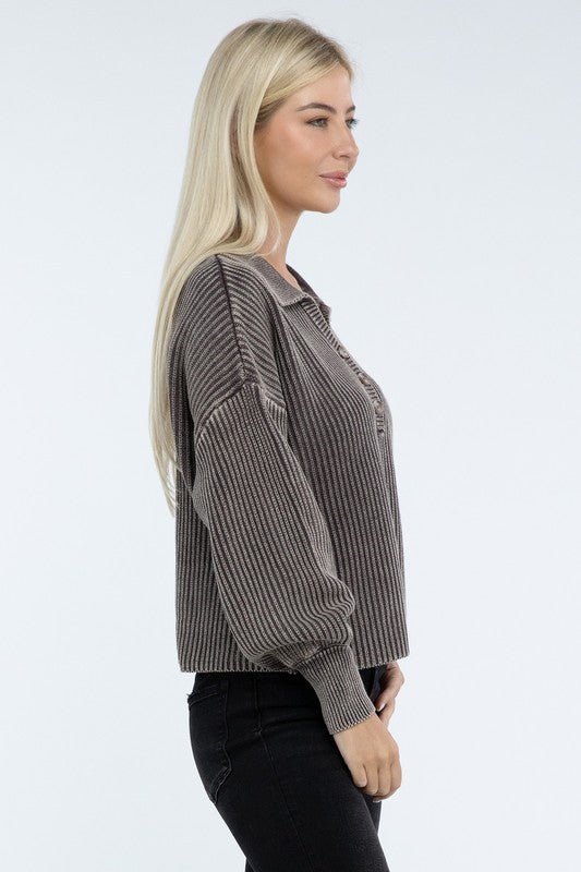 Washed Collared Henley Sweater - Driftwood Boutique