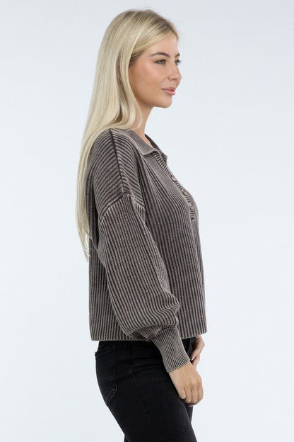 Washed Collared Henley Sweater - Driftwood Boutique