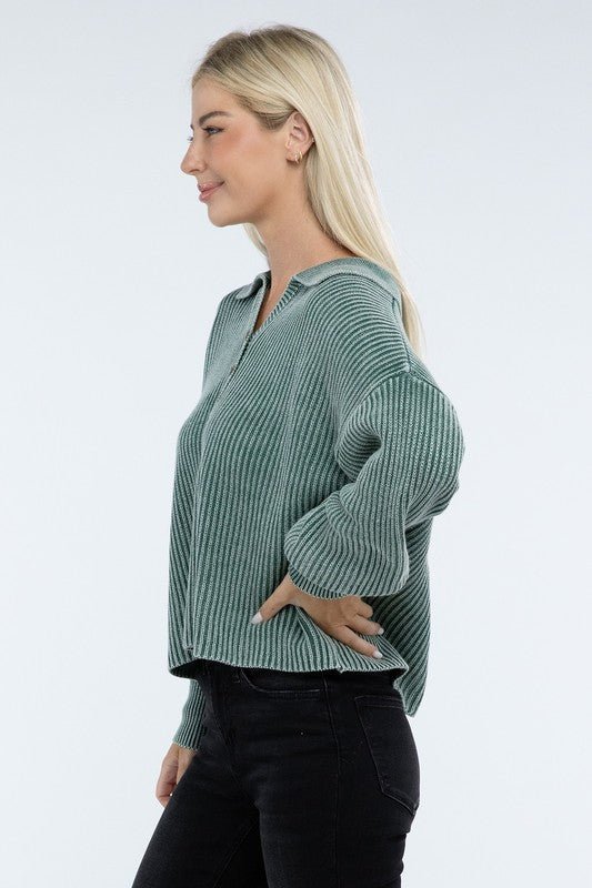 Washed Collared Henley Sweater - Driftwood Boutique