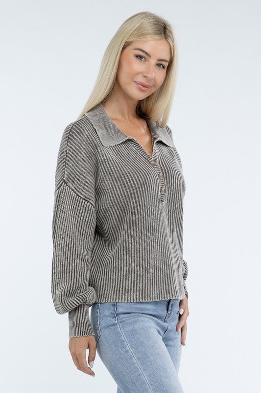 Washed Collared Henley Sweater - Driftwood Boutique