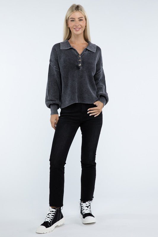 Washed Collared Henley Sweater - Driftwood Boutique