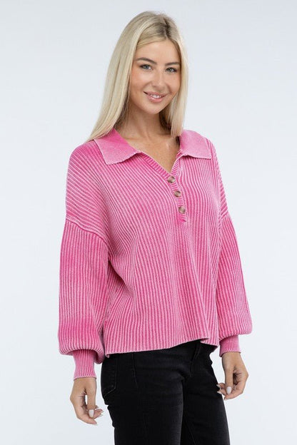 Washed Collared Henley Sweater - Driftwood Boutique
