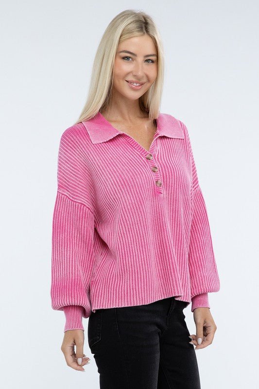 Washed Collared Henley Sweater - Driftwood Boutique