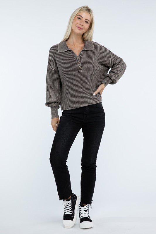Washed Collared Henley Sweater - Driftwood Boutique