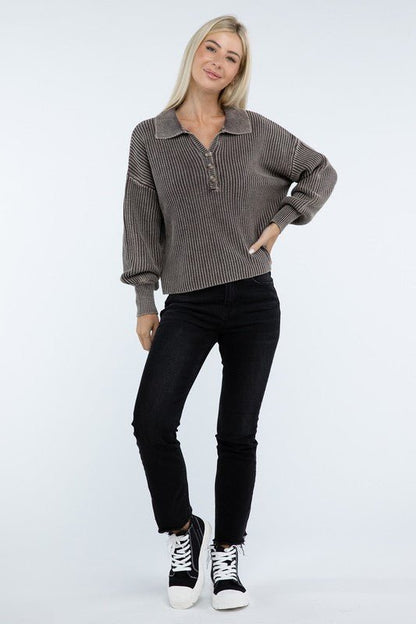 Washed Collared Henley Sweater - Driftwood Boutique