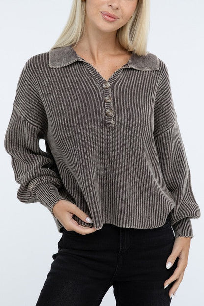 Washed Collared Henley Sweater - Driftwood Boutique