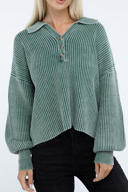 Washed Collared Henley Sweater - Driftwood Boutique