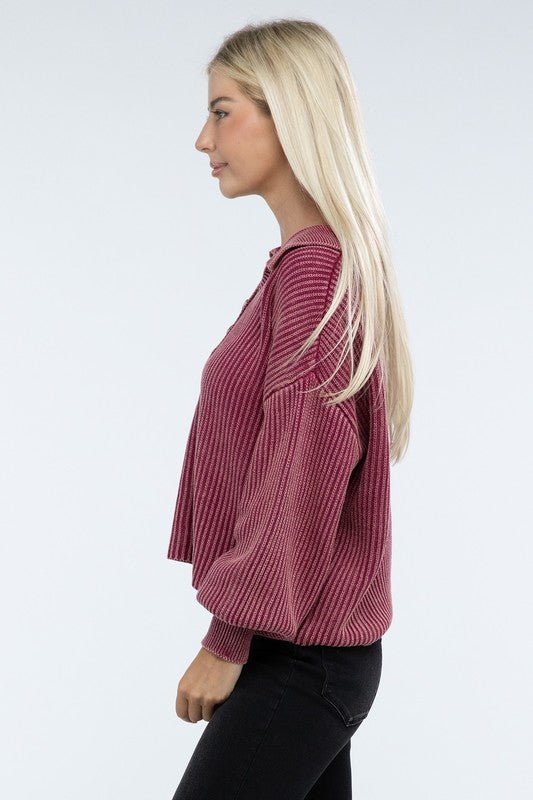 Washed Collared Henley Sweater - Driftwood Boutique