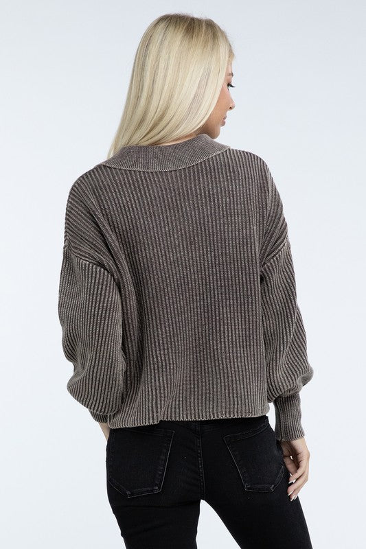Washed Collared Henley Sweater - Driftwood Boutique