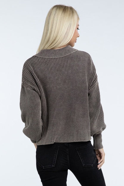 Washed Collared Henley Sweater - Driftwood Boutique