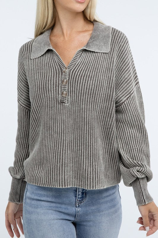 Washed Collared Henley Sweater - Driftwood Boutique