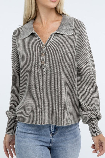 Washed Collared Henley Sweater - Driftwood Boutique