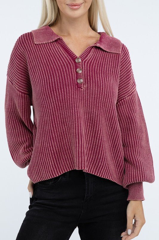 Washed Collared Henley Sweater - Driftwood Boutique