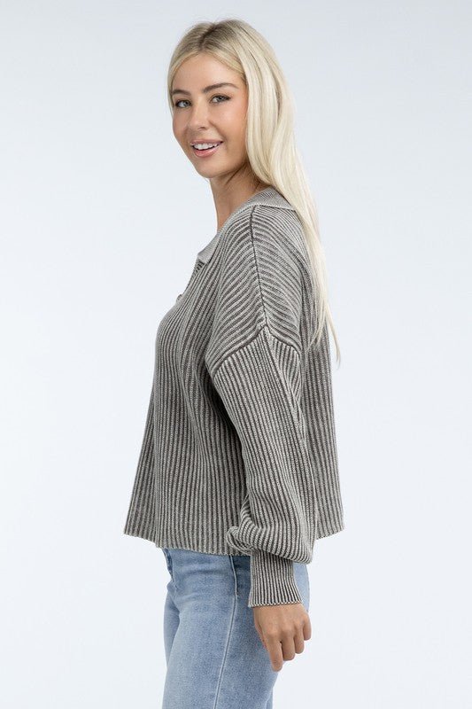 Washed Collared Henley Sweater - Driftwood Boutique