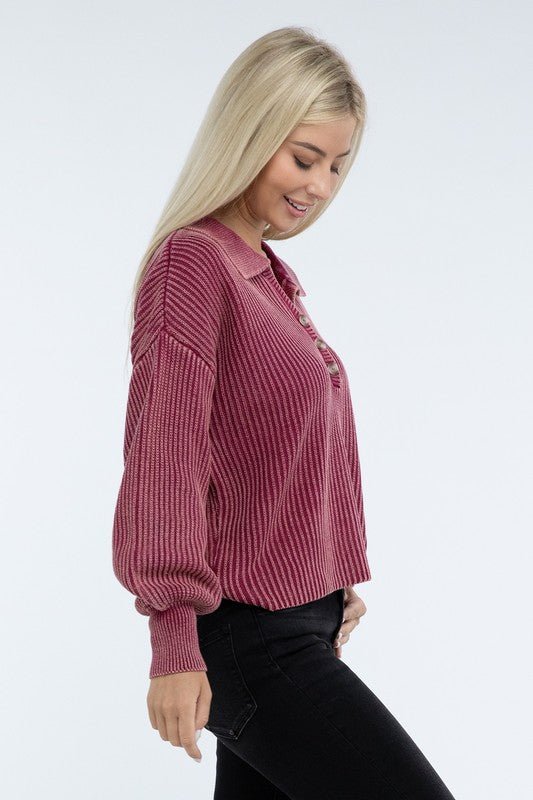 Washed Collared Henley Sweater - Driftwood Boutique