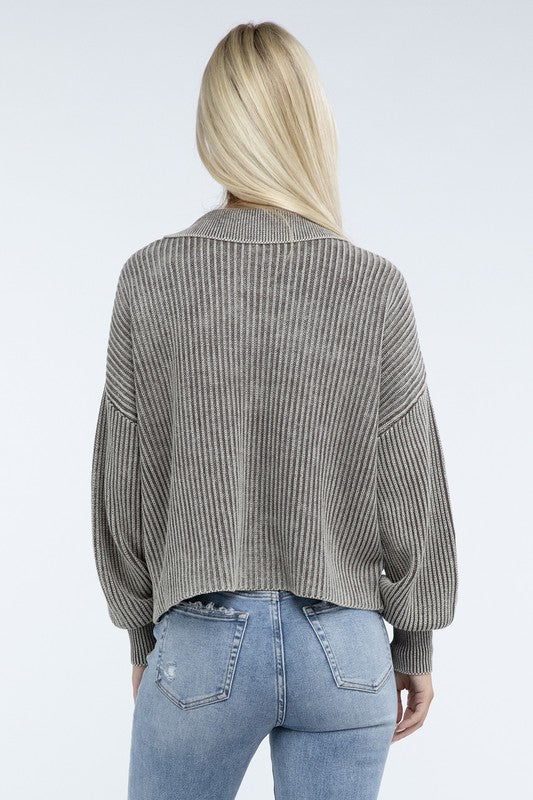 Washed Collared Henley Sweater - Driftwood Boutique