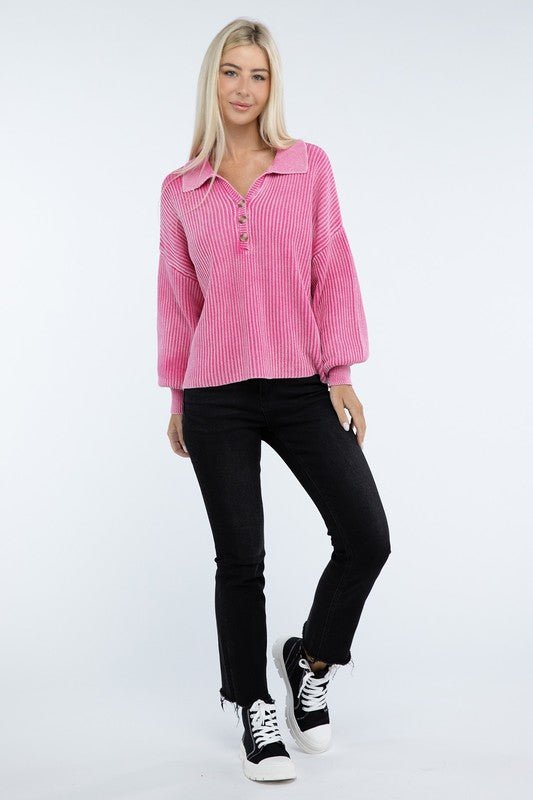 Washed Collared Henley Sweater - Driftwood Boutique