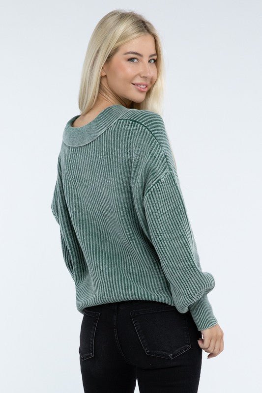 Washed Collared Henley Sweater - Driftwood Boutique