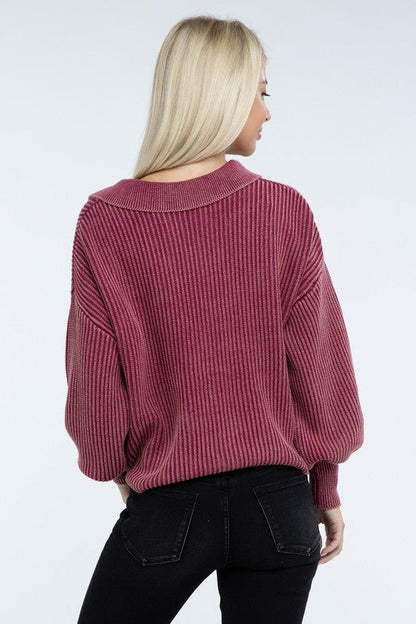 Washed Collared Henley Sweater - Driftwood Boutique