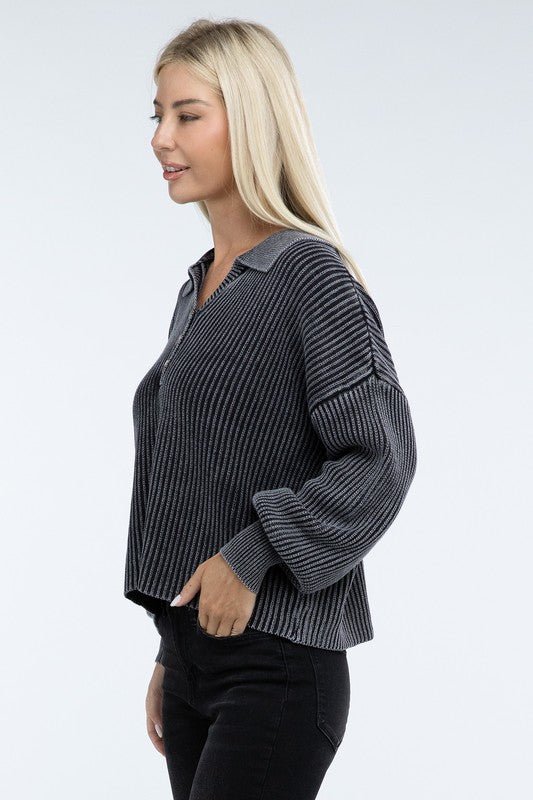 Washed Collared Henley Sweater - Driftwood Boutique